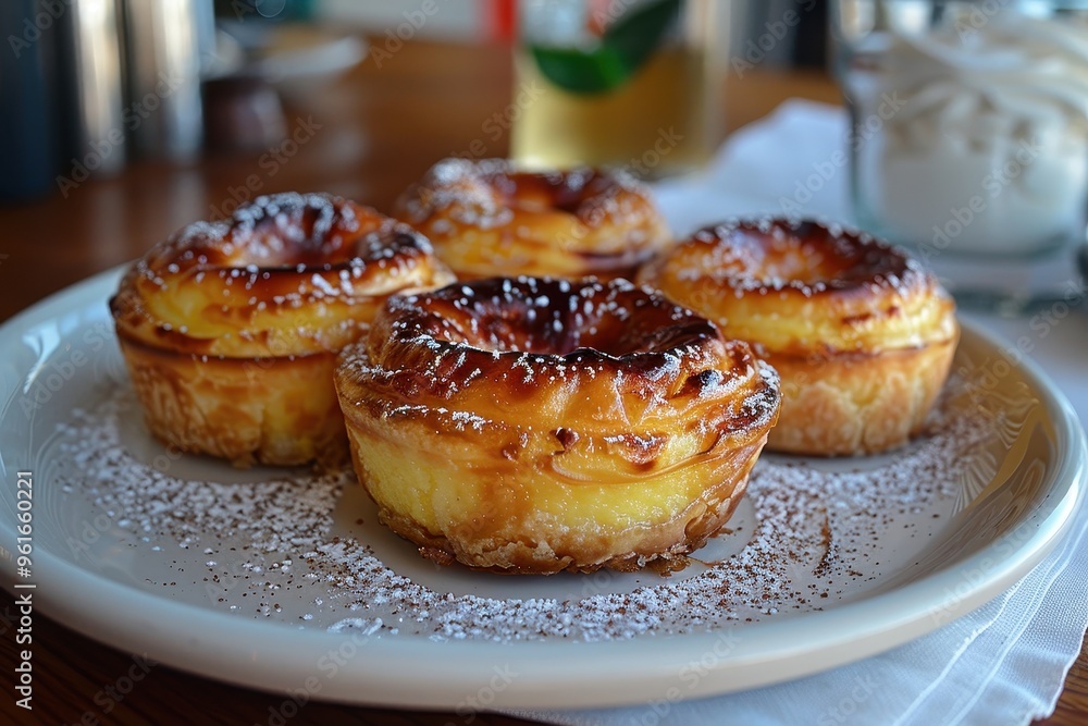 Portugal: Pastel de Nata Small, round custard tarts with a caramelized top, served on a white plate with a sprinkle of cinnamon and powdered sugar Portugal: Pastel de Nata Small, round custard tarts with a caramelized top, served on a white plate with a sprinkle of cinnamon and powdered sugar