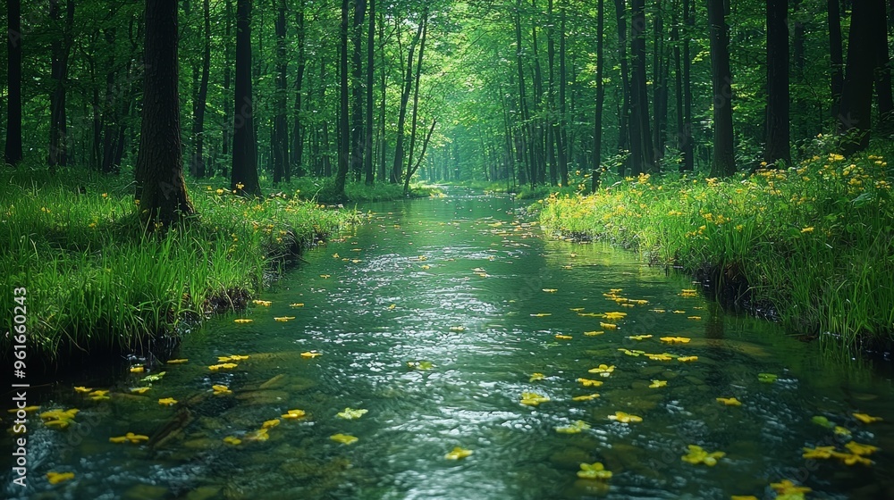 Obraz premium A serene forest stream surrounded by lush greenery and blooming yellow flowers in early spring