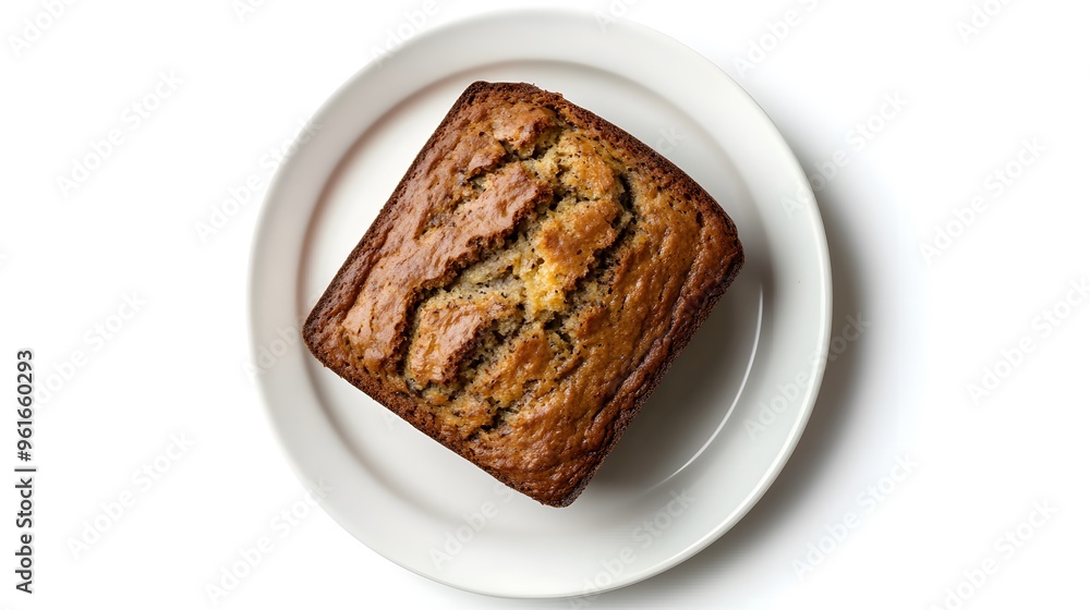 Golden brown banana bread on white plate - homemade baked dessert Golden brown banana bread on white plate - homemade baked dessert