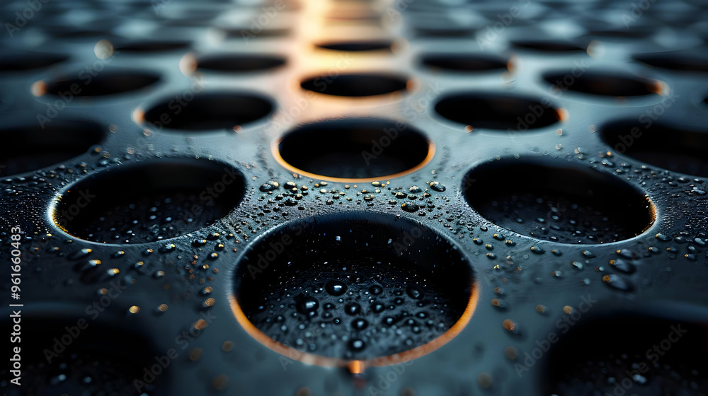 Abstract Water Drops On A Black Metal Surface With Holes Illustration Abstract Water Drops On A Black Metal Surface With Holes Illustration