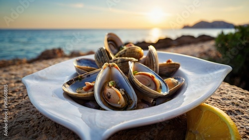 Clams a la marinera on a terrace next to the sea in Mallorca photo