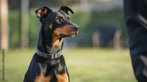 A close-up of a Doberman dog looking attentively in a grassy area.