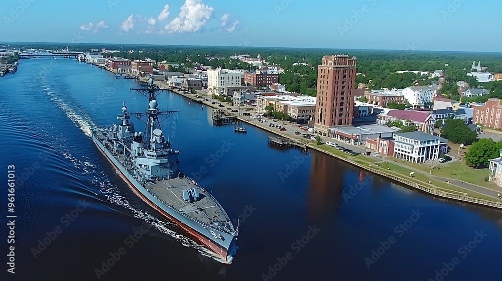 Naklejka premium Historic battleship sailing along a calm riverfront under a clear blue sky.