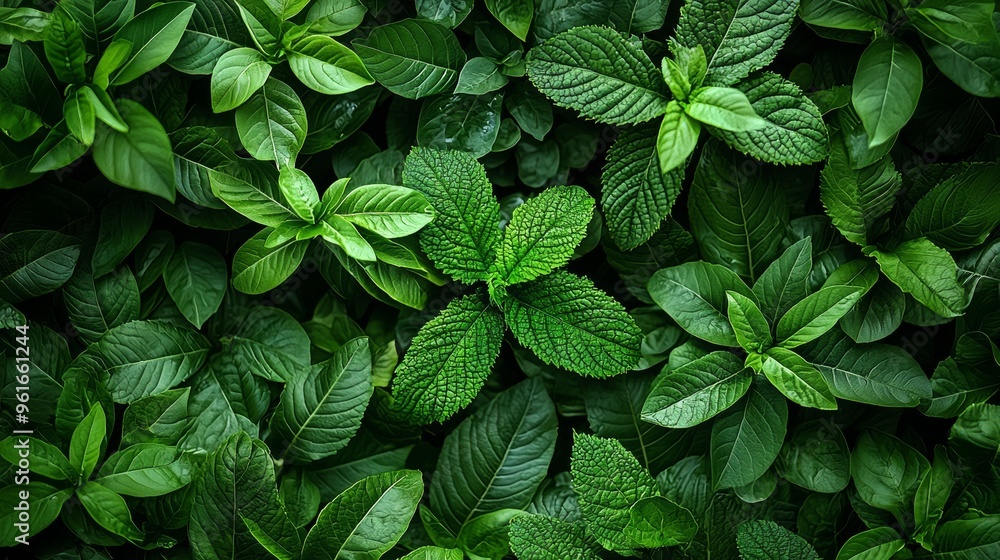 Lush green mint leaves thriving in a vibrant garden setting during the daylight, showcasing their rich texture and color Lush green mint leaves thriving in a vibrant garden setting during the daylight, showcasing their rich texture and color