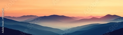 A calm mountain landscape at dawn, with mist gently rolling over the peaks and the sky slowly transitioning from night to day