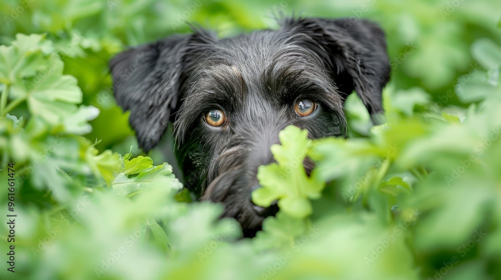 A dog's face, eyes widened, peers from amongst leafy bushes in this close-up view A dog's face, eyes widened, peers from amongst leafy bushes in this close-up view