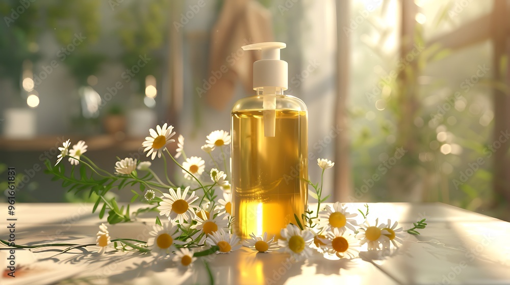 A bottle of chamomile facial cleanser set on a table with fresh chamomile flowers A bottle of chamomile facial cleanser set on a table with fresh chamomile flowers