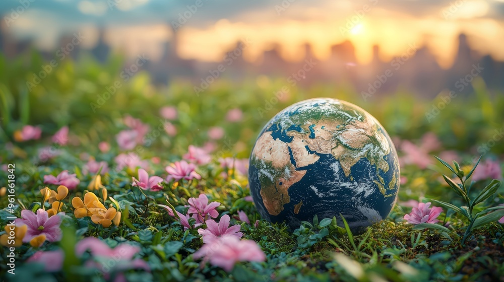 A vibrant globe resting among colorful flowers under a beautiful sunset in an urban park setting during spring A vibrant globe resting among colorful flowers under a beautiful sunset in an urban park setting during spring