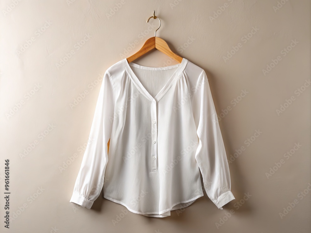A delicate white blouse hangs elegantly on a wooden hanger against a plain backdrop, awaiting its modeling debut. A delicate white blouse hangs elegantly on a wooden hanger against a plain backdrop, awaiting its modeling debut.