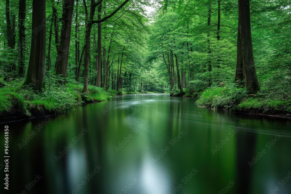 A calm river flowing through a dense forest, with the sky barely visible through the canopy, adding to the sense of peace A calm river flowing through a dense forest, with the sky barely visible through the canopy, adding to the sense of peace