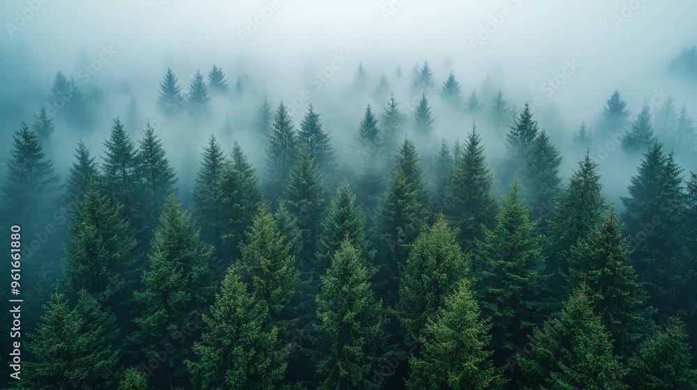 Lush evergreen trees shrouded in morning fog in a serene forest landscape Lush evergreen trees shrouded in morning fog in a serene forest landscape
