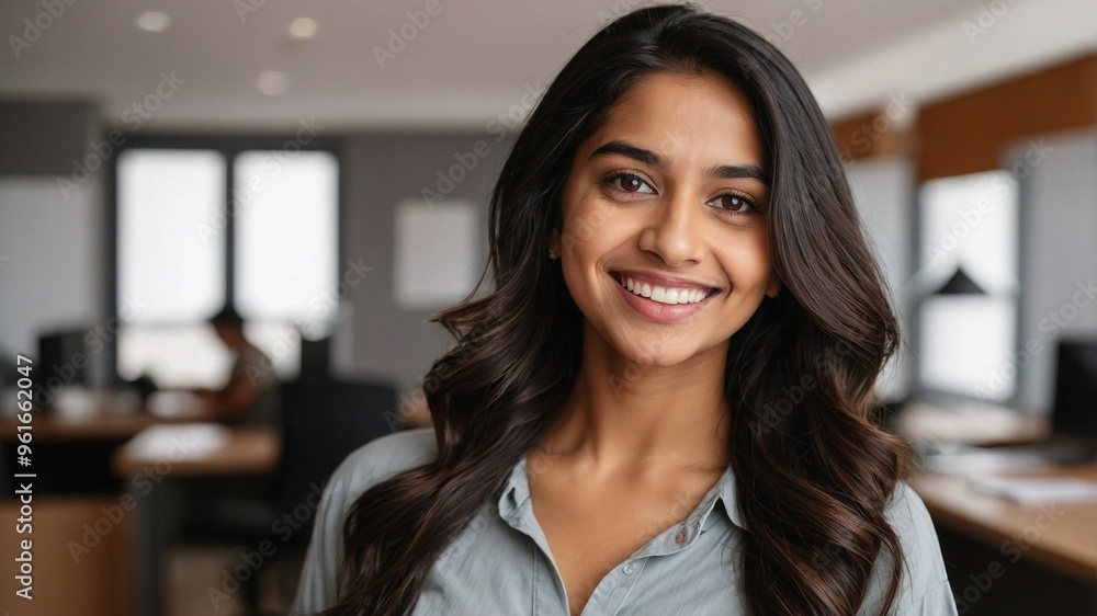 自宅オフィスの背景に立ちながらカメラを見つめるインド人の女の子が示す元気な笑顔 自宅オフィスの背景に立ちながらカメラを見つめるインド人の女の子が示す元気な笑顔
