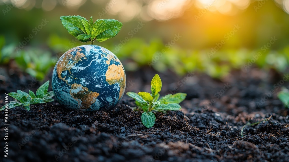 A small globe with green leaves grows from the earth among fresh seedlings in a garden during sunrise A small globe with green leaves grows from the earth among fresh seedlings in a garden during sunrise