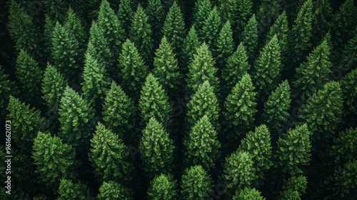 Aerial view of dense evergreen forest with tall trees during daylight showcasing vibrant green hues in nature's tranquility