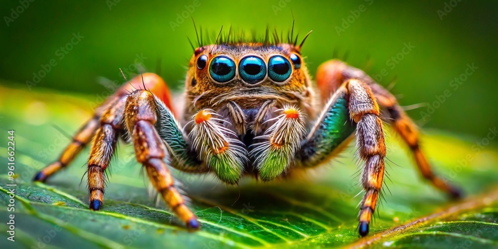 A diminutive jumping spider sits proudly on a leaf's curved surface, its iridescent blue and orange hues glowing A diminutive jumping spider sits proudly on a leaf's curved surface, its iridescent blue and orange hues glowing