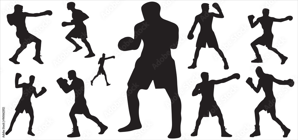Set of silhouettes of boxer fighting Set of silhouettes of boxer fighting