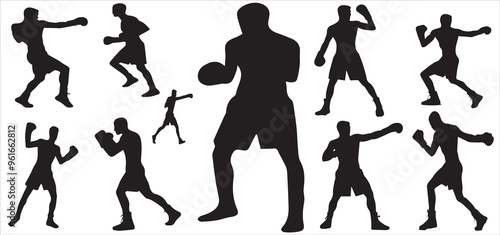 Set of silhouettes of boxer fighting