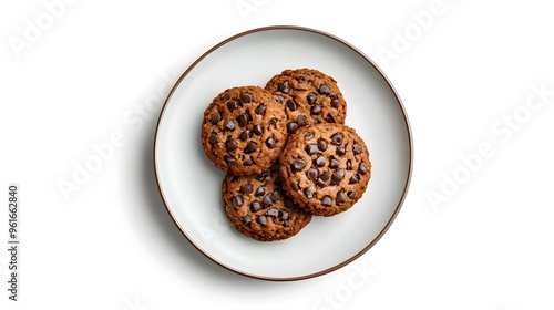 Delicious chocolate chip cookies on plate isolated on white background photo