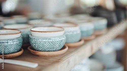 A collection of rustic pottery cups, featuring intricate designs and earthy tones, is neatly arranged on a wooden table, offering a glimpse into artisanal craftsmanship and the beauty of handmade war photo