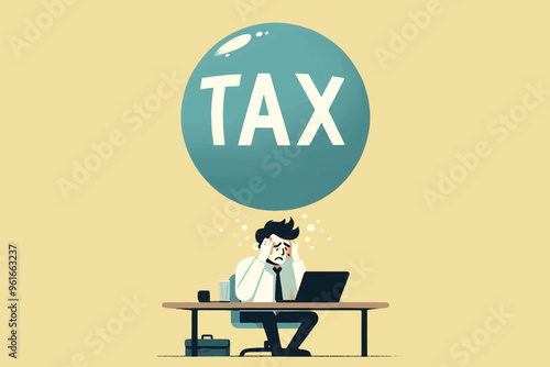 A panicked and depressed businessman sits in front of a computer working on pending tax reports