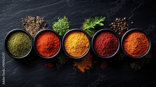 An artistic display of different spices, such as turmeric, paprika, and dried herbs, placed in small black bowls, creating a vibrant and colorful visual on a dark surface. photo