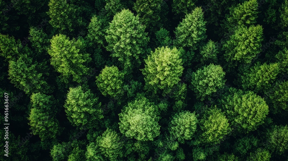 Aerial view of lush green forest canopy showcasing various tree types and textures during bright daylight Aerial view of lush green forest canopy showcasing various tree types and textures during bright daylight