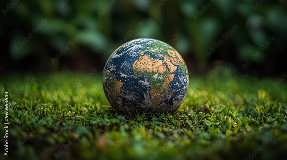A detailed globe sits on lush green grass against a softly blurred background of greenery in a peaceful outdoor setting A detailed globe sits on lush green grass against a softly blurred background of greenery in a peaceful outdoor setting