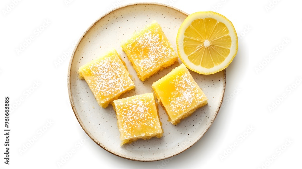 Delicious lemon bars on rustic plate with fresh lemon garnish Delicious lemon bars on rustic plate with fresh lemon garnish
