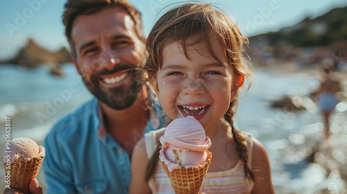 Wallpaper Mural A family enjoying ice cream cones on a hot summer day, with smiles on their faces. Father and his daughter Torontodigital.ca