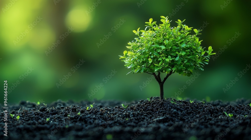 A young green tree grows in rich soil with vibrant foliage under soft natural light in a tranquil outdoor setting A young green tree grows in rich soil with vibrant foliage under soft natural light in a tranquil outdoor setting