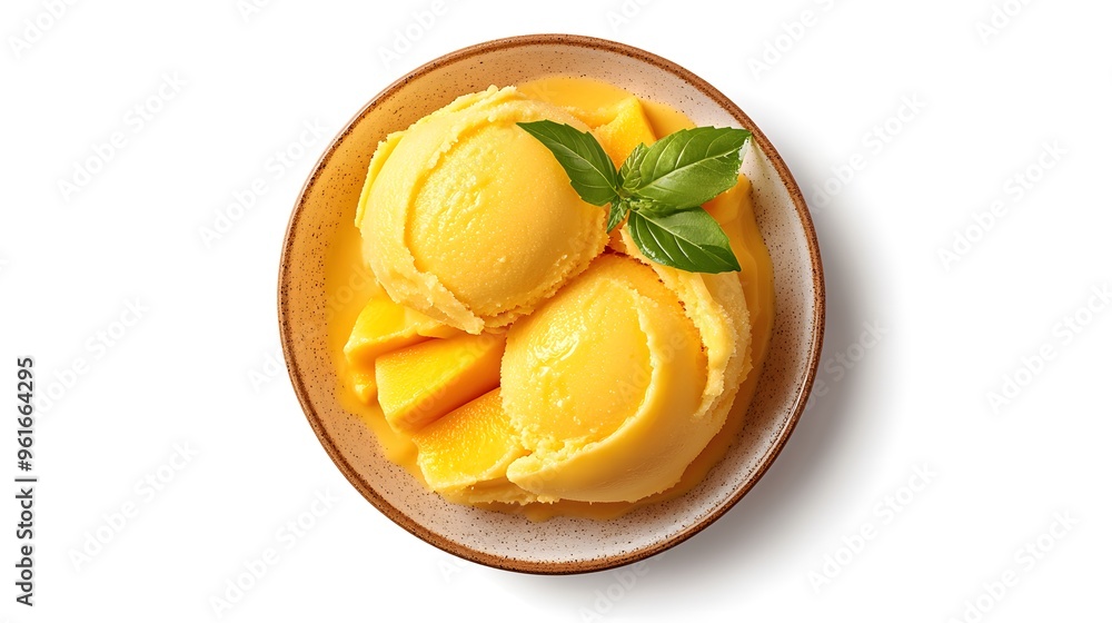 Mango sorbet delight: fresh and creamy dessert with basil garnish Mango sorbet delight: fresh and creamy dessert with basil garnish