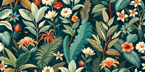 A seamless pattern featuring flowers and leaves on a dark backdrop