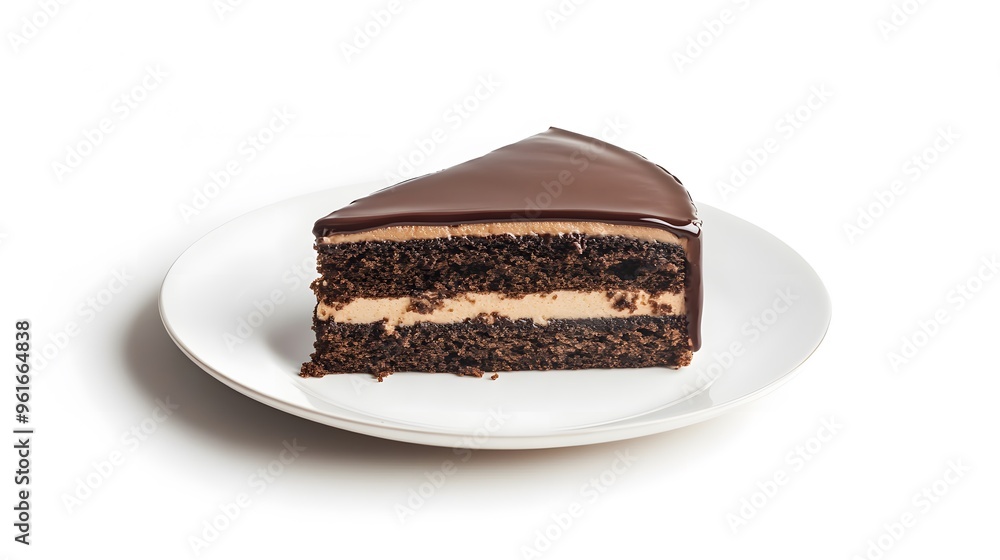Delicious slice of chocolate cake with cream filling on white plate Delicious slice of chocolate cake with cream filling on white plate