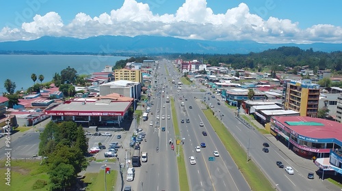 Aerial view of a lively highway lined with shops and trees in a mountainous region.