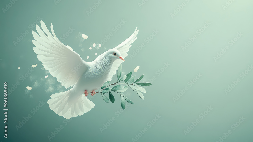 White dove holding olive branch flying on green background White dove holding olive branch flying on green background