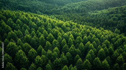 Vast green forest landscape showcasing diverse tree patterns under soft natural light in late morning hours