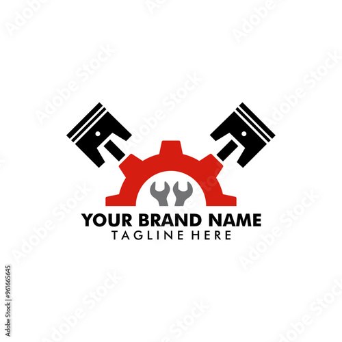Vector logo design of automotive engine repair with gear and piston elements.