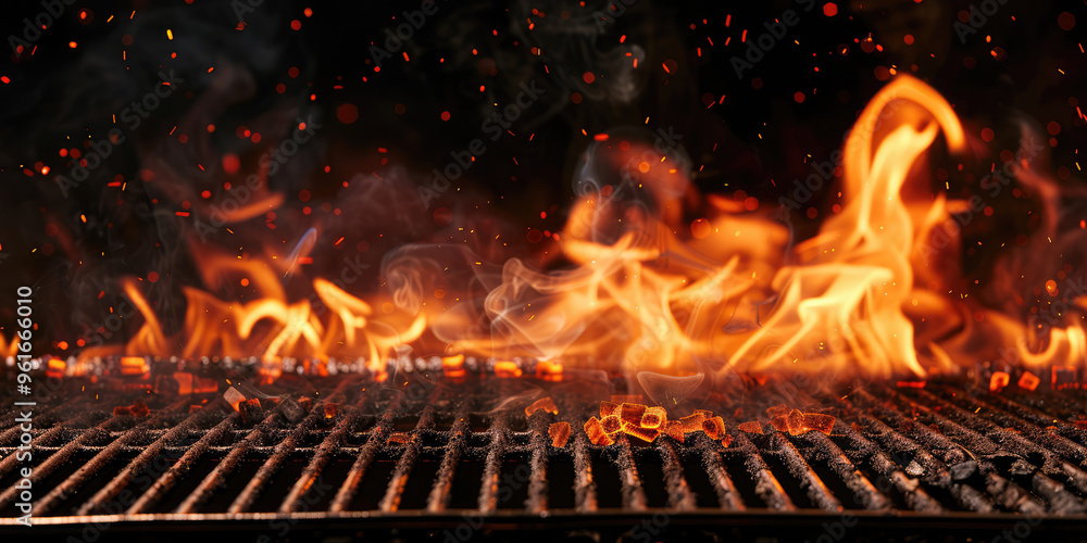 Empty hot charcoal barbecue grill with bright flame on black background. Barbecue flaming grill background texture Empty hot charcoal barbecue grill with bright flame on black background. Barbecue flaming grill background texture
