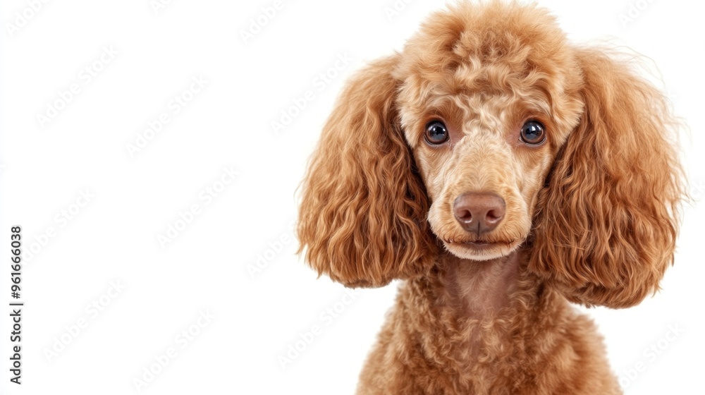 A close-up of a fluffy brown poodle with a curious expression against a white background. A close-up of a fluffy brown poodle with a curious expression against a white background.