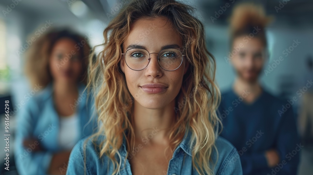 Obraz premium An office setting with a focused woman in glasses at the forefront, accompanied by two blurred colleagues in the background, emphasizing diverse teamwork
