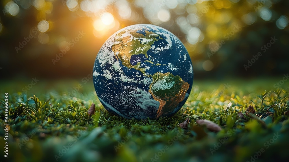 A colorful globe resting on green grass under a warm sunset glow in a tranquil outdoor setting A colorful globe resting on green grass under a warm sunset glow in a tranquil outdoor setting