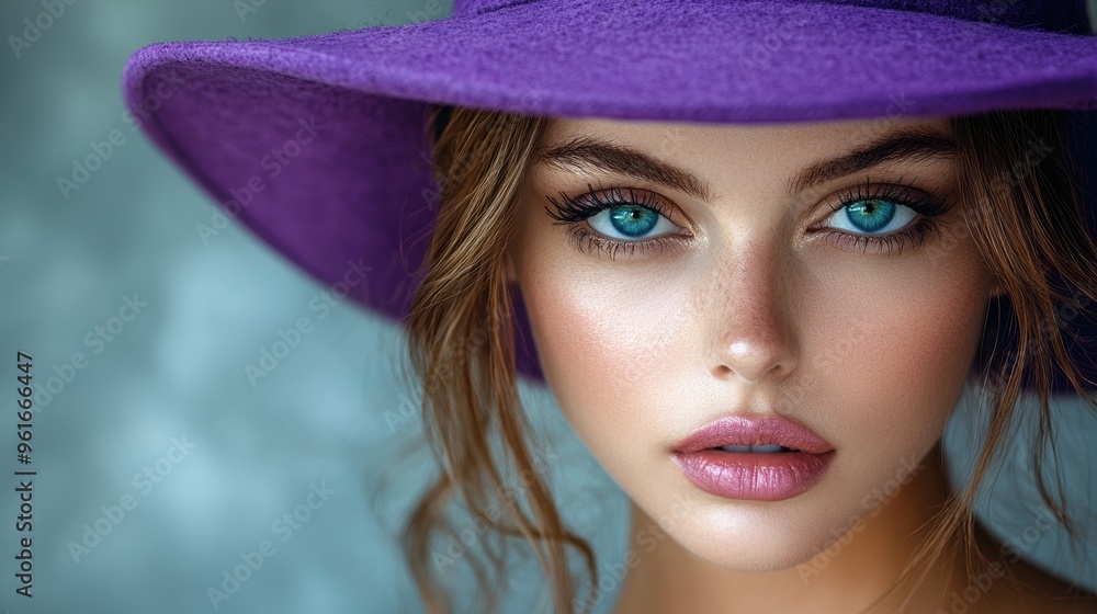 Portrait of a woman wearing a purple hat, featuring striking blue eyes and natural makeup, against a soft blurred background highlighting her facial details Portrait of a woman wearing a purple hat, featuring striking blue eyes and natural makeup, against a soft blurred background highlighting her facial details