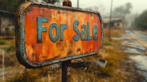 Rusted and weathered For Sale sign standing in a decayed and abandoned area with blurred background showcasing rundown buildings and overgrown vegetation photo