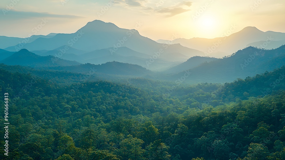 Obraz premium Breathtaking sunrise over lush green mountains and valleys.