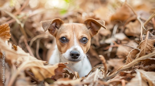  A small brown and white dog stands amidst a pile of brown leaves, its blue eyes expressing a look of curiosity or introspection