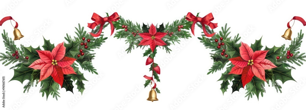 Set of garland with poinsettia flowers, pine cones and golden bells isolated on a white background, vector illustration. With each element in a different position for easy collage composition design. Set of garland with poinsettia flowers, pine cones and golden bells isolated on a white background, vector illustration. With each element in a different position for easy collage composition design.