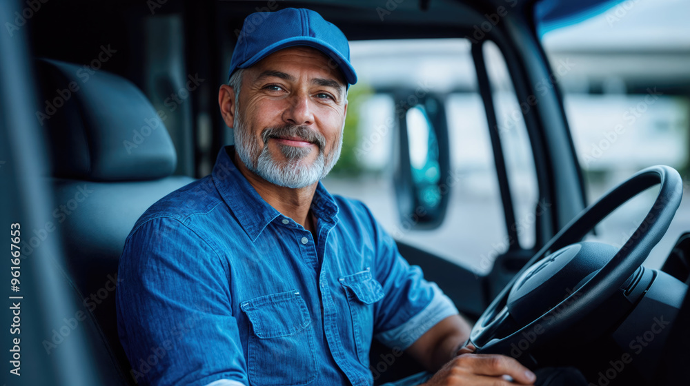 Smiling senior truck driver sitting in his semi truck cab Smiling senior truck driver sitting in his semi truck cab