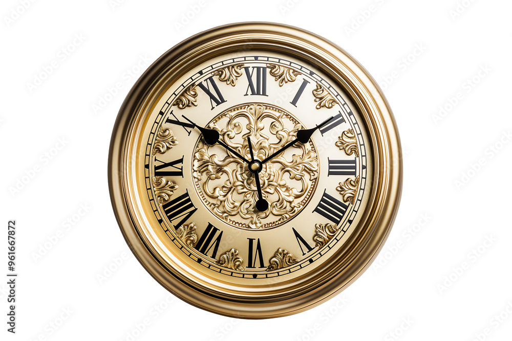 Antique gold wall clock with a plastic or metal rim, png file cut out and isolated on a transparent background, time stock illustration image Antique gold wall clock with a plastic or metal rim, png file cut out and isolated on a transparent background, time stock illustration image