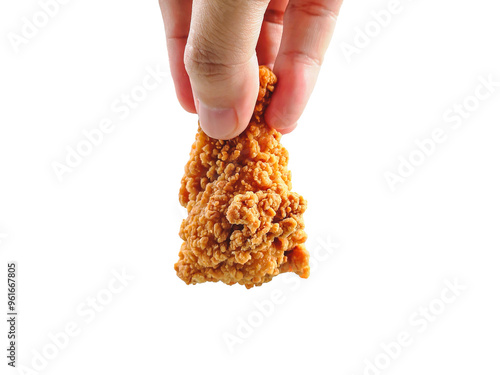 Hand holding fried chicken wings on transparent background