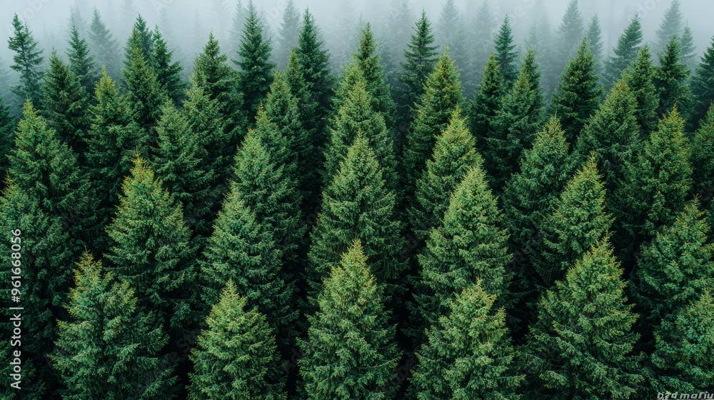 Obraz premium Lush evergreen forest with dense conifer trees shrouded in mist during early morning light in a tranquil natural setting